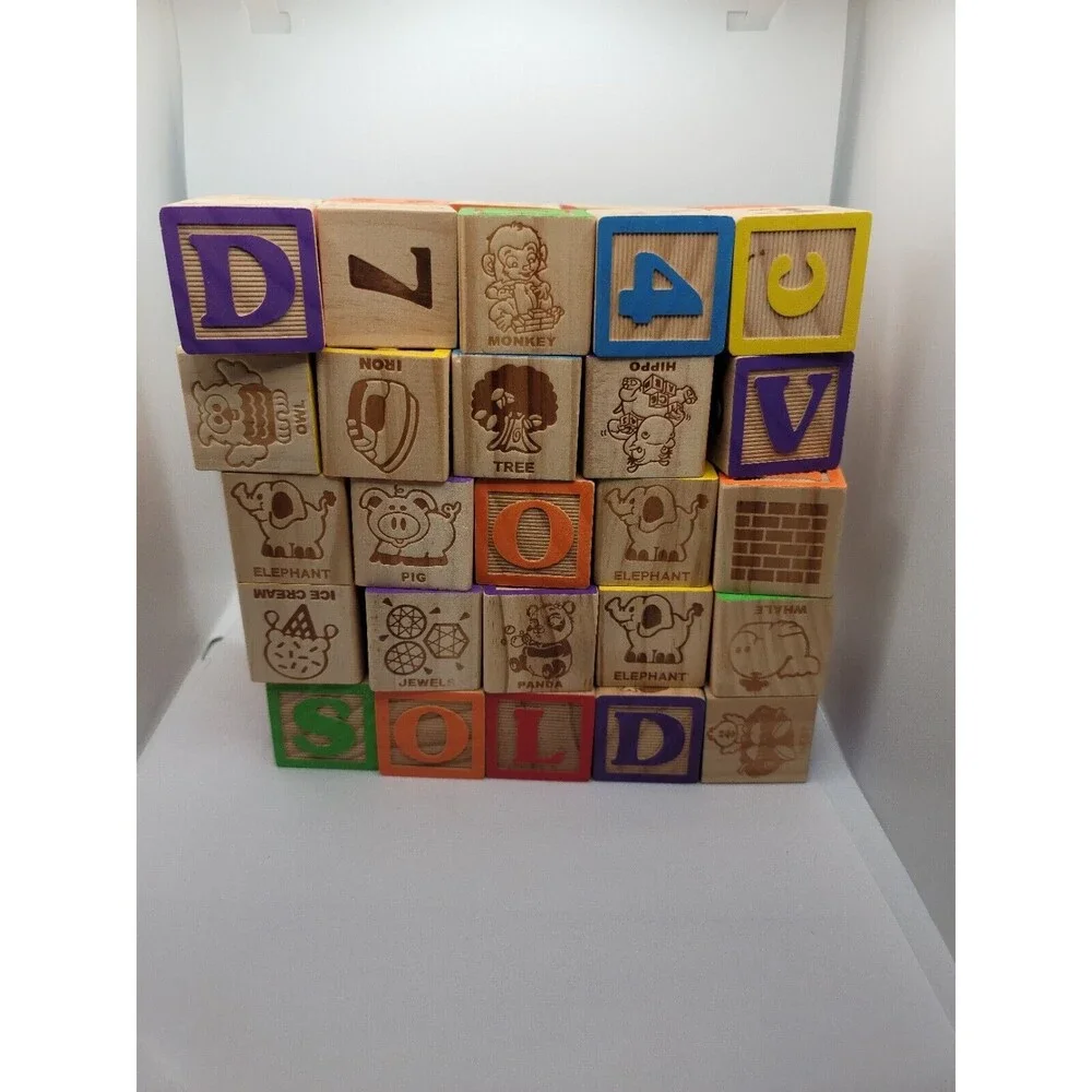 Vintage Large Wooden Alphabet ABC's Numbers Building Blocks 1.75